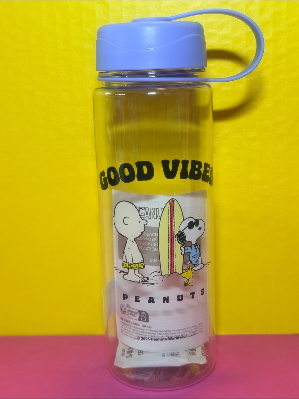 Peanuts Water Bottle - Lavender Cap with Yellow Surfboard Art